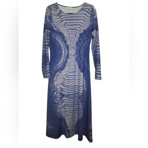 Long-Sleeve Wave-Print Midi Dress in Blue